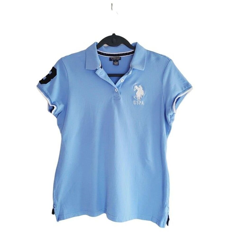 U.S. Polo Assn. Womens Shirt Blue L Polo Top L Short Sleeve Collared